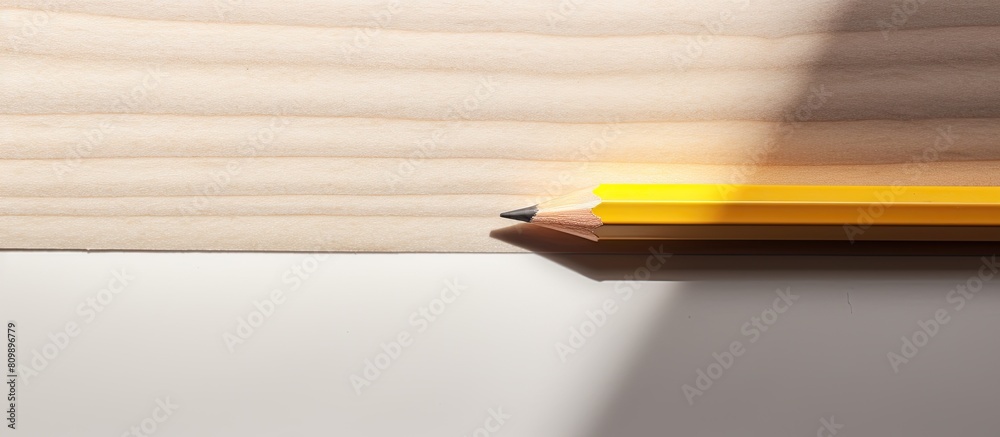 Poster A top view close up photo of a wooden pencil placed in the center of textured white paper with a square yellow line creating a template with abundant copy space The pencil casts a smooth shadow under