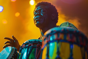 Capture a close-up of a man passionately drumming on colorful African djembe drums under the vibrant stage lights, his face illuminated with intensity and rhythm