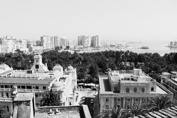 Black and white picture of a view over Malaga, Spain, June 2017