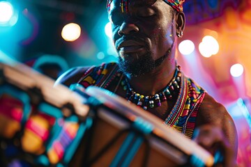 A close-up of a man passionately drumming on colorful African djembe drums under the vibrant stage...