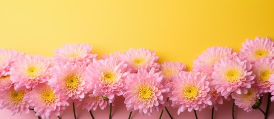 Copy space image of yellow chrysanthemums against a pink backdrop creating a festive Easter or spring theme