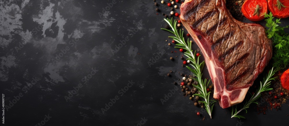 Aufkleber A top down perspective of a grilled T bone steak placed on a stone table providing ample copy space for you to add your text