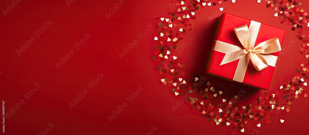 Aufkleber a top down view of a gift box placed on a vibrant red background with plenty of room around it for a