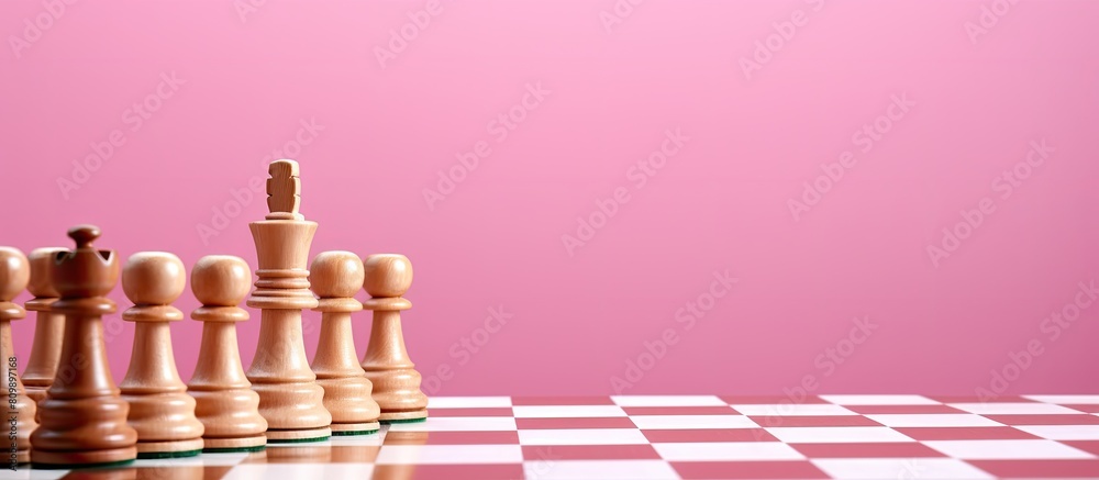 Poster Chess board made of wood with small checkers placed on top of it set against a pink background Perfect for copy space images