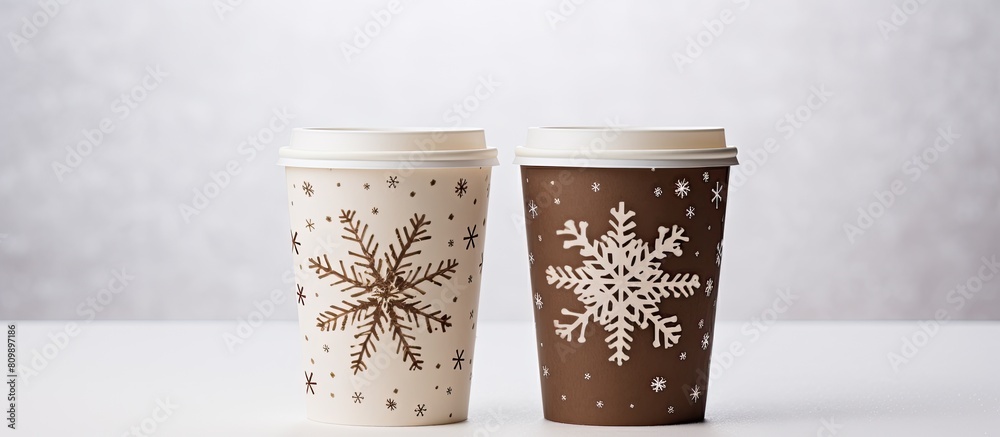 Poster A copy space image featuring two white cardboard cups of coffee with a snowflakes pattern placed on a snowy white background during winter and Christmas