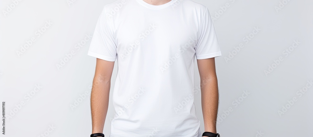 Poster Front view of a man wearing a clean white and black t shirt standing alone against a white background Perfect for use as a copy space image