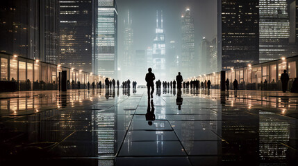 Silhouettes and Reflections in a Moody Illuminated Urban Feeling Abstract Wallpaper Digital Art Poster Brainstorming Map Magazine Background Cover