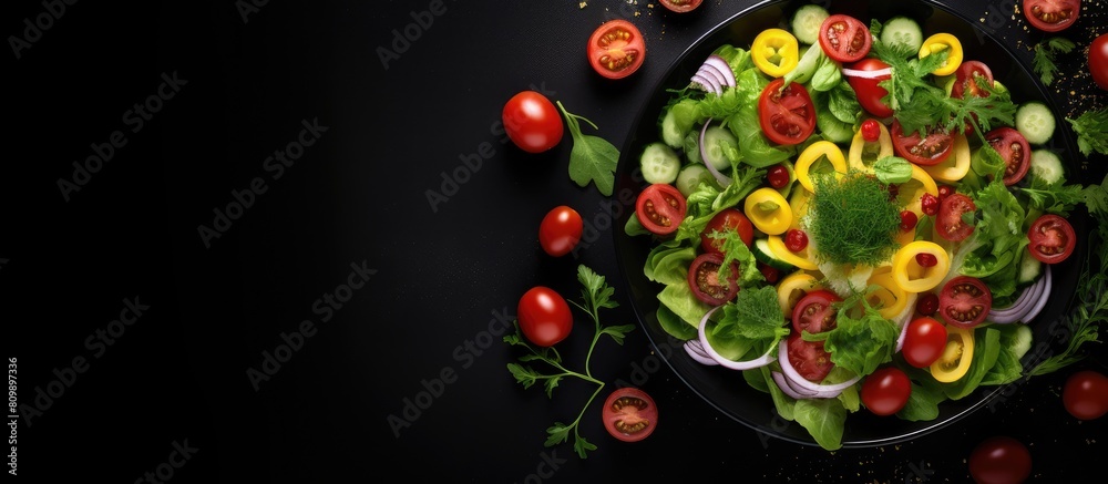 Poster top view of a healthy green salad with tomato and fresh vegetables presented in a white bowl placed 