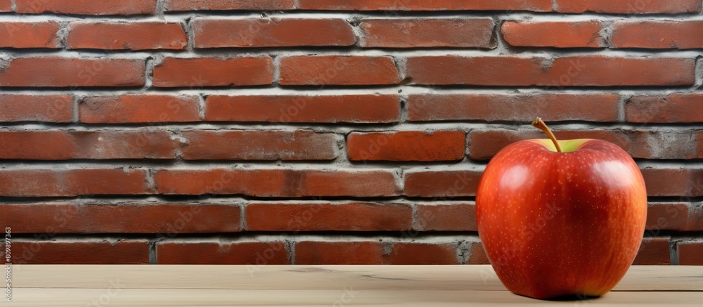 Aufkleber a copy space image of an apple placed on a wooden table with a red brick wall as the backdrop