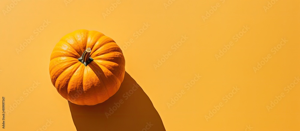 Poster A cozy top down view of a pumpkin on a yellow background with intense shadows creates a warm autumn atmosphere in this flat lay copy space image