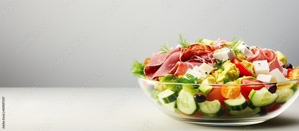 Poster a trendy salad with ham paprika cucumber and cheese emphasizing its healthy ketogenic diet benefits 