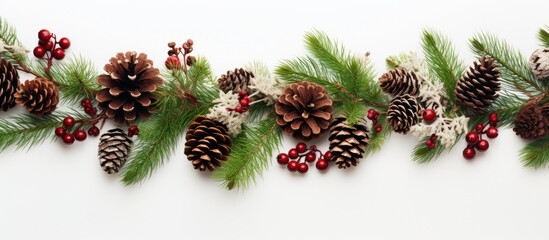 A festive Christmas themed arrangement featuring a knitted blanket pine cones and fir branches on a white background Beautifully arranged with a top down view allowing for plenty of copy space image