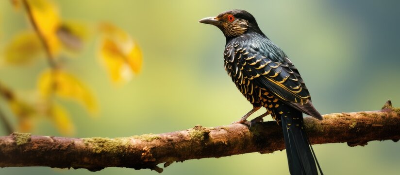 An Asian koel perched on a branch with plenty of copy space in the image