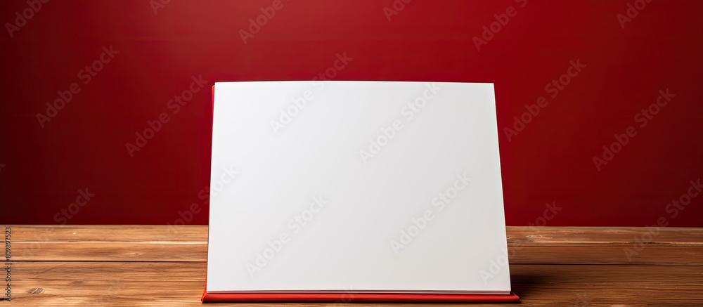 Poster a blank clean white book placed on a vibrant red wooden background providing ample copy space for an