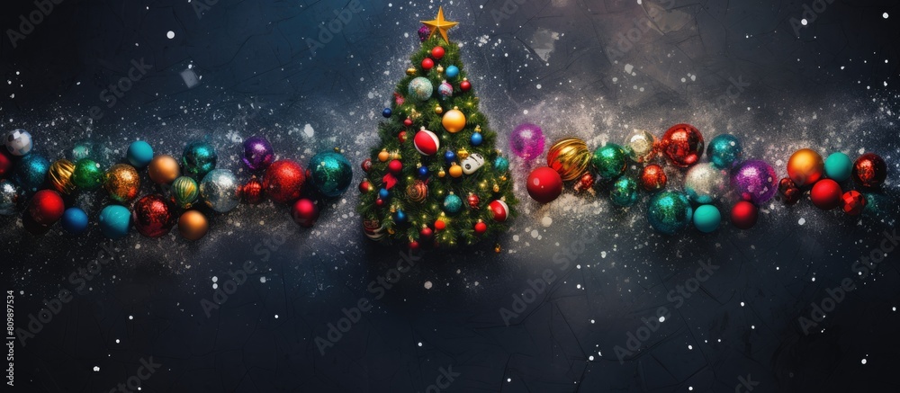 Aufkleber a festive christmas scene featuring a vibrant christmas tree adorned with colorful toys and sequined