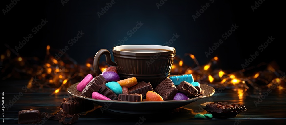 Poster copy space image of chocolate candies wrapped in vibrant foil arranged on a plate alongside a steami