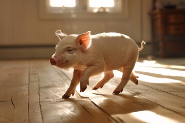 A wee pig trotting along the ceiling, its small hooves rhythmically tapping against the surface