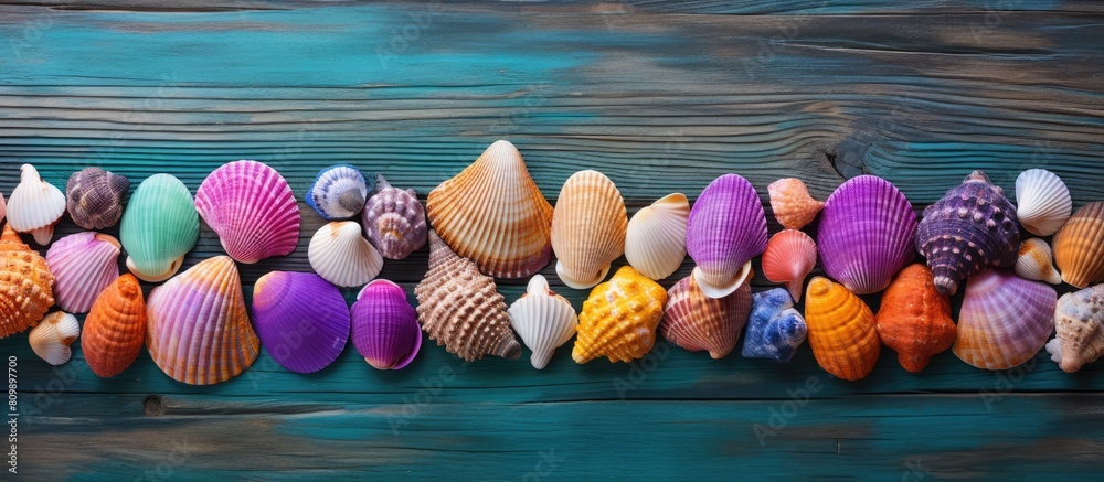 Poster colorful sea shells arranged on a wooden surface creating an appealing visual with copy space for im