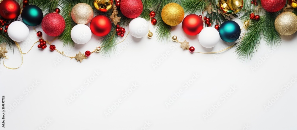 Poster Colorful balls garland and fir branches adorn a white table where children have crafted DIY homemade Christmas gifts This flat lay image presents a top view with ample room for additional elements