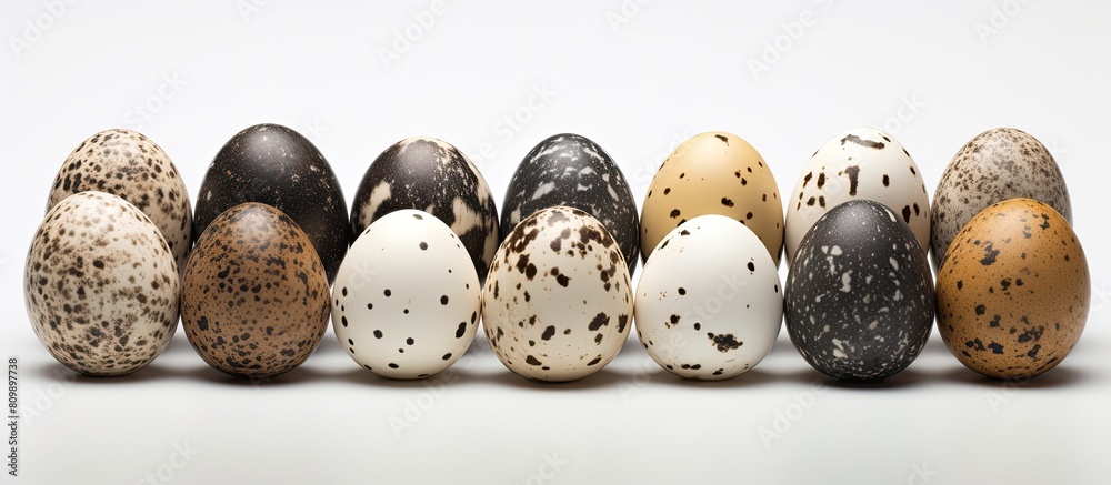 Poster A pack of quail eggs is displayed on a white background creating a visual that emphasizes healthy food. Creative banner. Copyspace image