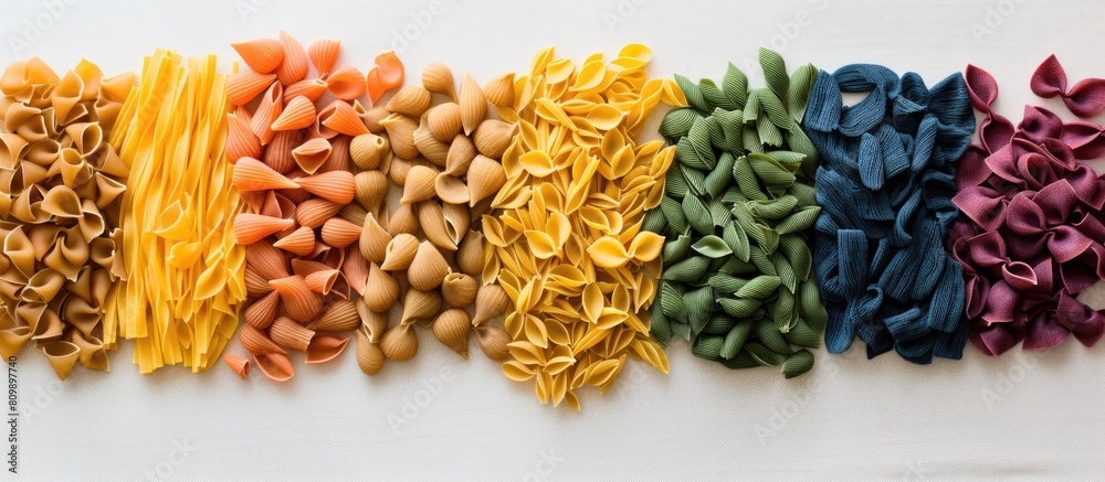 Poster A variety of colorful pasta is scattered on a white background inside a disposable brown kraft paper bag The image is captured from a top down perspective and there is ample empty space for text