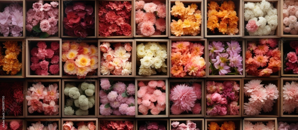 Poster a top down perspective of wooden boxes filled with flowers providing a visually appealing copy space