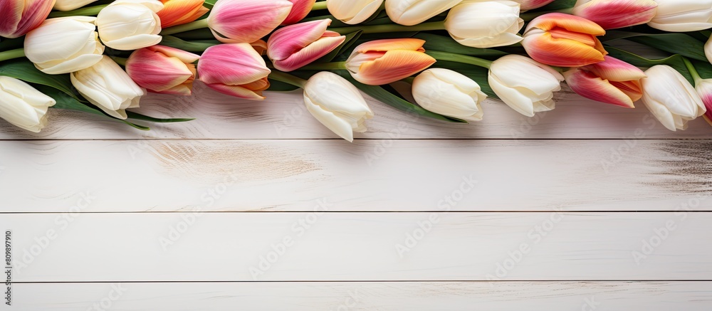 Poster A top down view of a white wooden table adorned with tulip bulbs in autumn creates an enchanting background perfect for a copy space image
