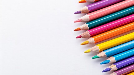 Fototapeta premium Color pencils arranged in color wheel formation on white background for art and design projects