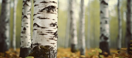 In the forest there is a birch tree with its bark stripped away offering a blank canvas for a copy space image