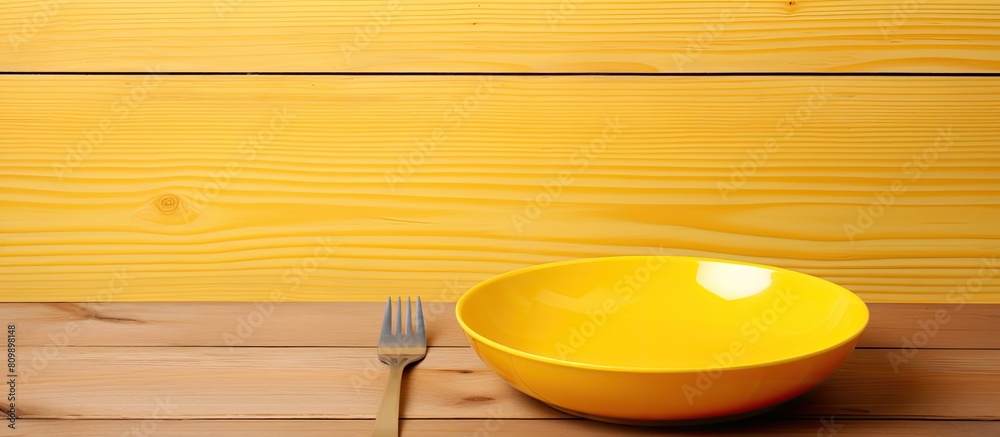 Poster copy space image available for design work with an empty yellow plastic dish and spoon on a wooden f