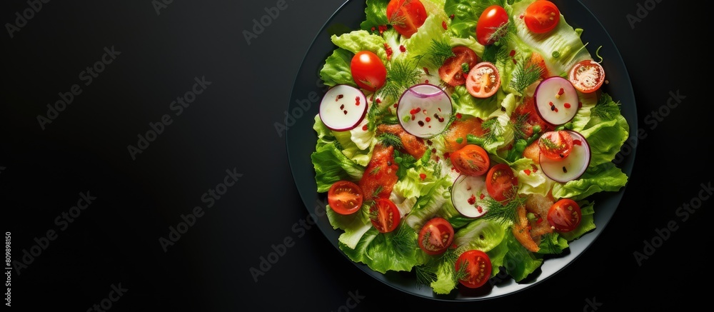 Poster Copy space image of a top view plate with a diet salad composed of a fresh mix of lettuce and tomatoes