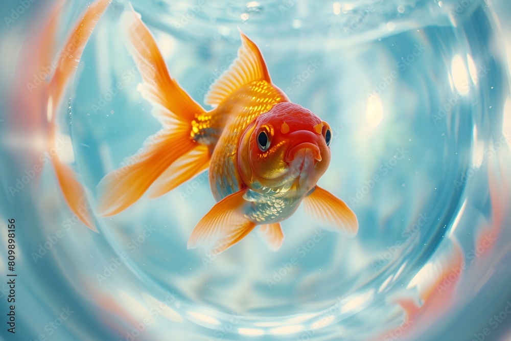 Wall mural A detailed shot of a circular fish aquarium featuring a lively goldfish, set against a plain pastel background, capturing the serenity of underwater life - Wall murals