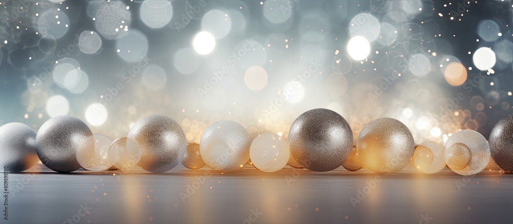 Poster a blurred and glittering background with abstract silver bulbs shining it s an image of christmas de