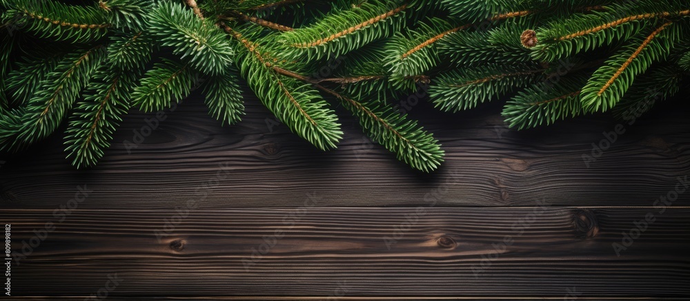 Poster A top down view of a Christmas wooden background with copy space image featuring fir branches Perfect for creating New Year templates advertising layouts and festive greeting cards