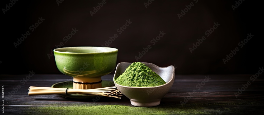 Poster a bowl of matcha tea is accompanied by a bamboo whisk with ample copy space available