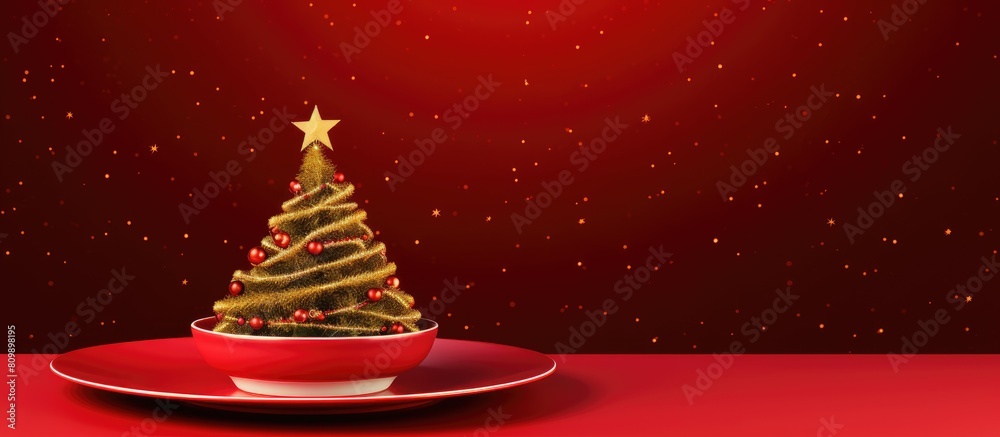 Poster A Christmas themed copy space image featuring a red saucer adorned with numerous golden stars The saucer rests on a vibrant red background and is surrounded by pine branches presented in a flat lay s