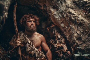 A futuristic man from the prehistoric era, clad in animal skins, holding a primitive tool, standing in front of a cave entrance