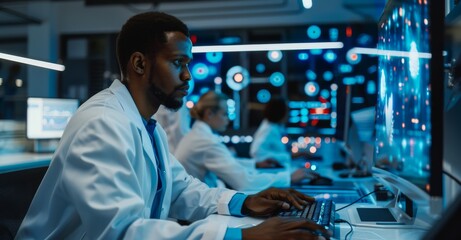 African American male scientist analyzing data in a high-tech laboratory