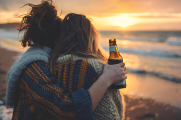 A young woman holding a beer bottle and hugging her friend at sunset on the beach - Powered by Adobe