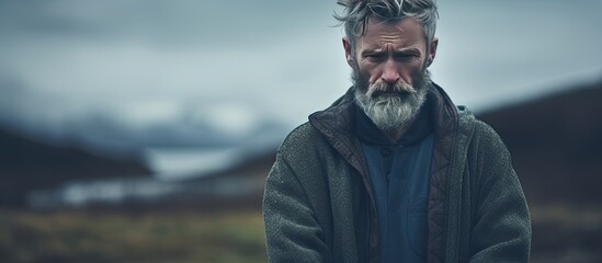 A photo showing a forlorn middle aged man standing outdoors with plenty of empty space around him for any additional content