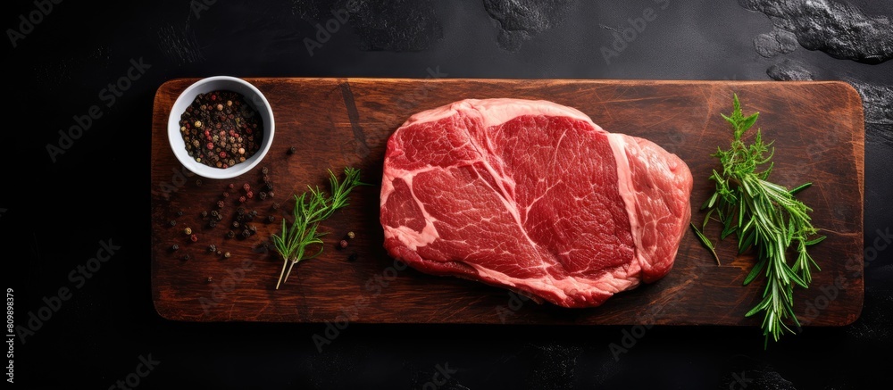 Poster A raw steak of cap rump beef placed on a butcher board with a black background Seen from above there is ample space for adding text or graphics