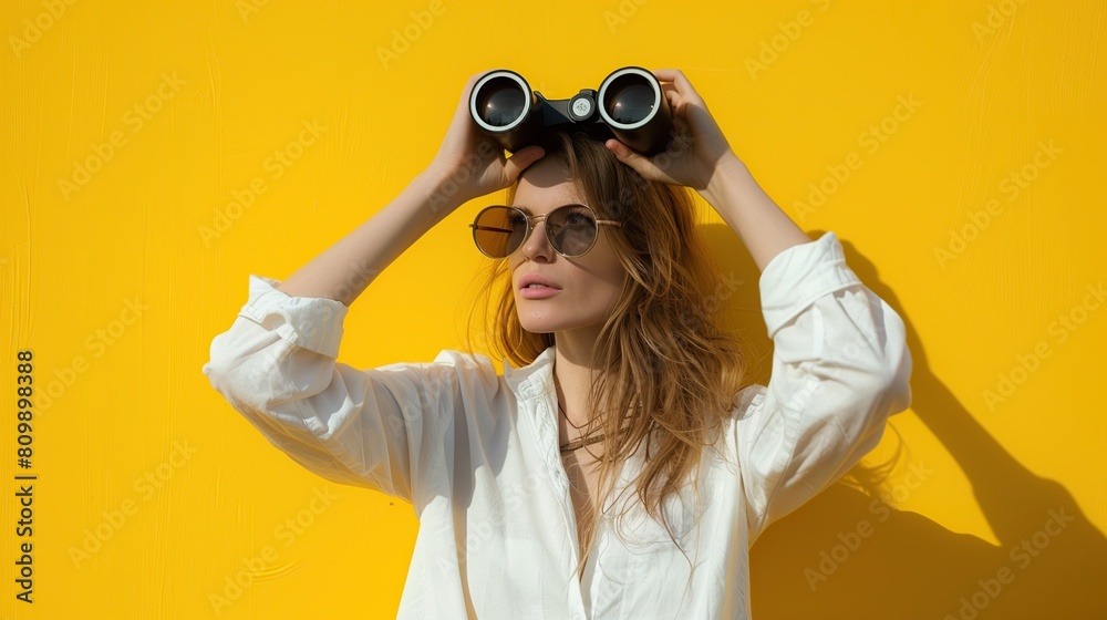 Wall mural woman with binoculars on yellow. copy space for text.