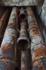 Aged water pipes with layers of rust and flaking paint, showing a sense of abandonment