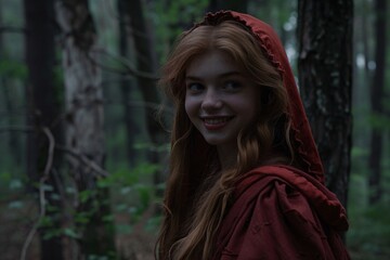 A close-up of the smiling face of Little Red Riding Hood strolling through a dark forest