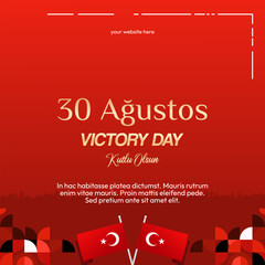 Naklejka premium Turkey Victory Day square banner in modern geometric style with red monochrome color. Turkish National Day greeting card template illustration on August 30. Happy Victory Day Turkey