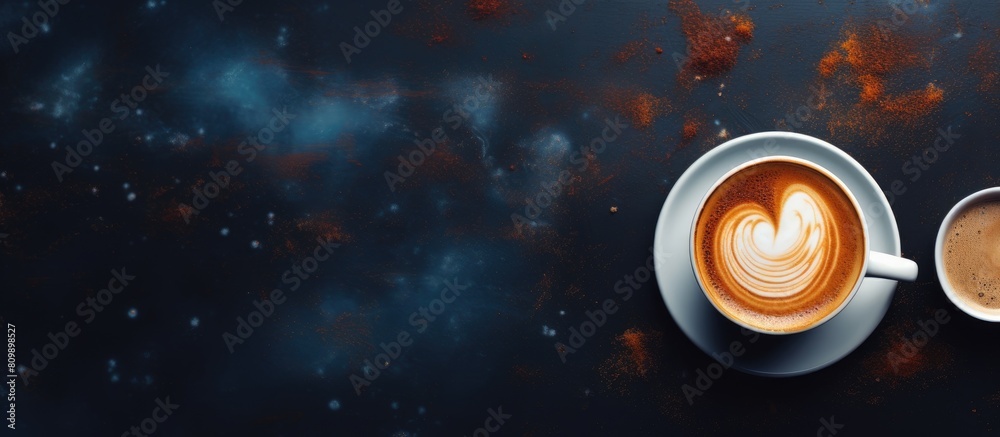 Poster A smartphone can be seen on a black table background next to a cup of Espresso coffee The coffee has beautiful latte art on top and there is space around the objects 203 characters. Creative banner