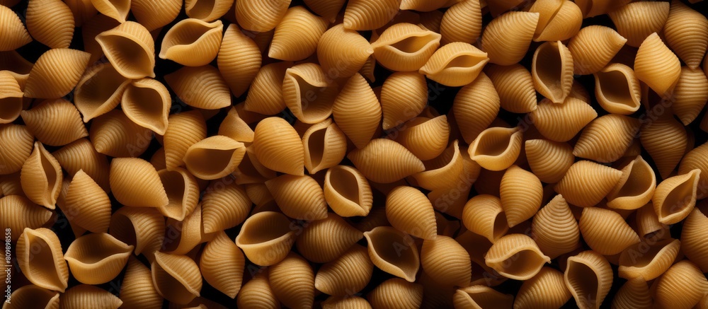 Aufkleber A top down view of a dry shell pasta pattern on a black background creating a flat lay texture for a copy space image