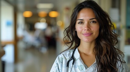 Fototapeta premium Young female medical in medical gown and a stethoscope in an hospital