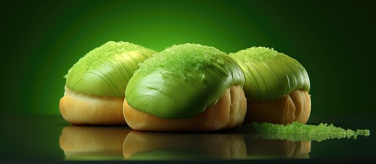 The image features Pandan Long John buns with a green color designed for easy editing and adding text. Creative banner. Copyspace image