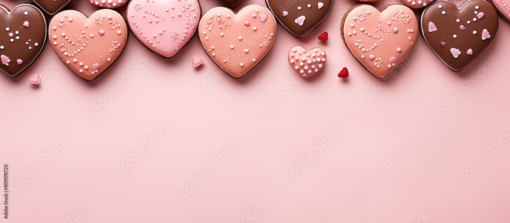Poster A Valentine s Day composition featuring heart shaped cookies displayed on a pastel pink background The arrangement is a flat lay with a top view leaving ample copy space in the image